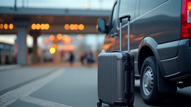 Gray shuttle van with suitcase at airport terminal 