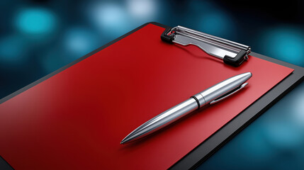 Clipboard and pen on a table with a blue background