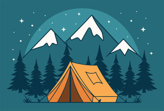Mountain Camping Vector Night Scene with Tent and Stars