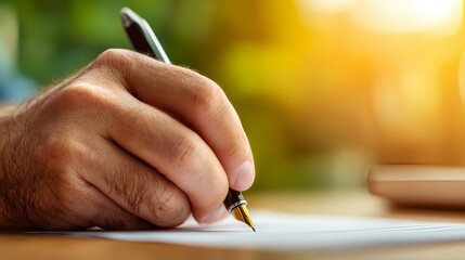 Close-up of a person's hand writing with a fountain pen on paper in natural sunlight