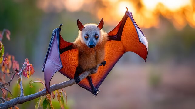 A flying fox bat hanging from a branch during sunset in a natural setting