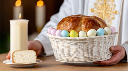 Traditional Easter Basket with Bread and Decorated Eggs Next to a Lit Candle on a Table