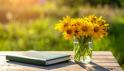 Book and Flowers on a Sunny Wooden Table.