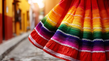 Vibrant traditional dress with colorful stripes twirls on a cobblestone street in a warm, sunlit setting
