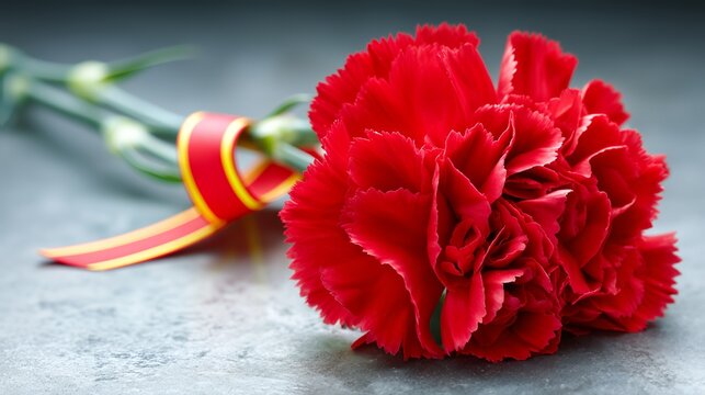 Close-up of a vibrant red carnation with a decorative ribbon on a gray background