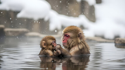 Fototapeta premium 温泉で毛づくろいしているニホンザルの親子