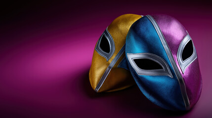 Colorful masks on a table with a purple background for a festive occasion