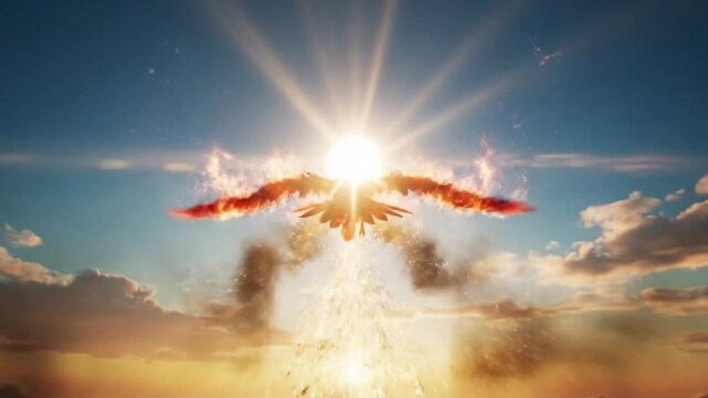 Fiery Phoenix Rising Over Glowing Sunrise.