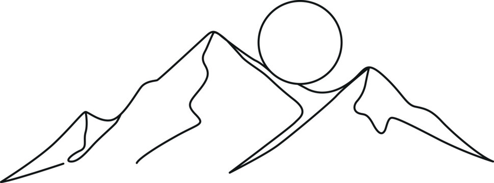 A simple line drawing depicting mountains and a circle against a white background