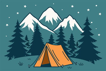 Night Camping Vector Illustration with Mountains and Tent