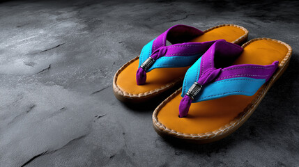 Colorful sandals placed on a dark surface in a well-lit area