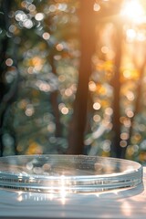 A podium stands still as it catches soft reflections from the forest. The sunlight creates a warm glow with blurred shapes and colors in the background during late afternoon
