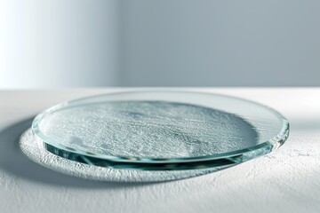 A clear round glass rests on a white tabletop. Soft reflections can be seen on the glass surface, creating a sense of depth. The setting is bright and minimal