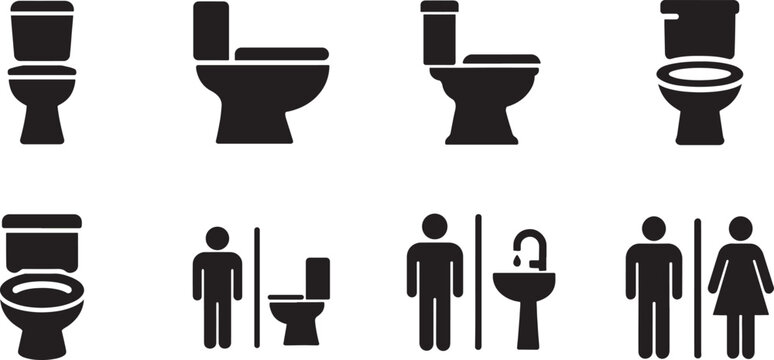   Toilet icon set with WC and public bathroom symbols, washroom signs in clean vector illustration.