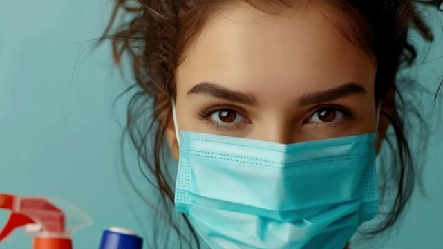  girl wearing a protective mask and holding household cleaning products reminds us of the importance of hygiene during the pandemic &mdash; the perfect atmospheric backdrop for social campaigns about health