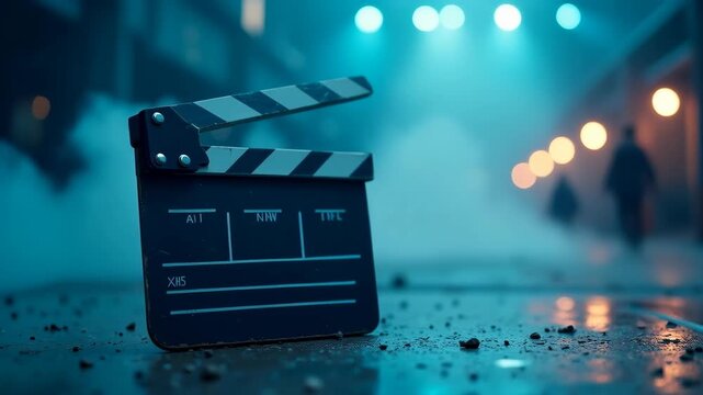 Cinematic Clapperboard in Film Studio with Smoke 