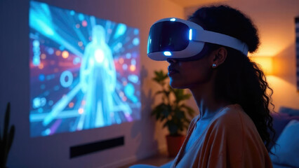 Adult African-American woman in VR glasses in contemporary living room. Representation in technology, gaming, or virtual workspace