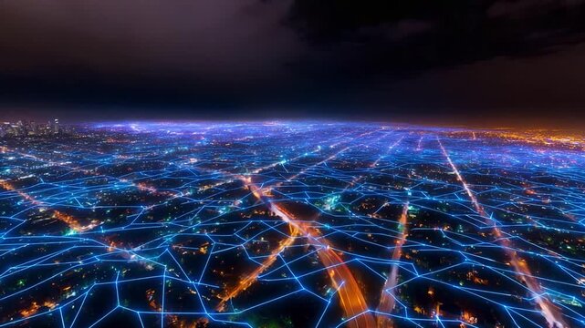 Aerial View of Neon-Lit Urban Landscape at Night, Featuring Interconnected Gridlines and Glowing City Lights Illuminating a Vibrant Cityscape Amidst a Dark Sky with Dramatic Cloud Patterns