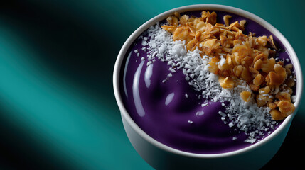 Mixing yogurt with toppings in a bowl on a dark surface