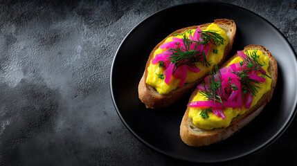 Breakfast dish with eggs, pickled onions, and herbs on a black plate