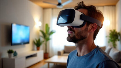Modern European man with VR equipment in his living room. Adult using virtual reality for entertainment or work in home setting