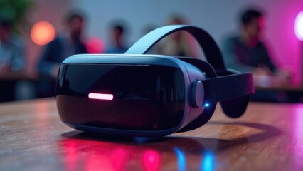 Modern VR headset on a table, embodiment of futuristic digital innovation. Ready for virtual adventures, education and tech lifestyle