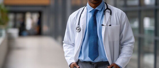 Doctor in white coat with hands in pockets stands in modern hospital hallway with blurred elements in background and professional attire