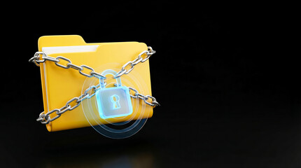 Secure digital folder with padlock and chains representing data protection and cybersecurity measures in a dark environment