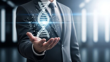 Businessman holds a glowing digital dna double helix, symbolizing genetic research and biotechnology.