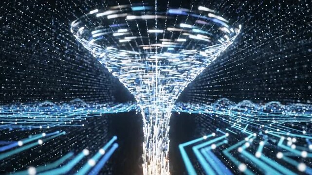 Abstract Digital Data Funnel with Flowing White Particles and Blue Circuits on Dark Background