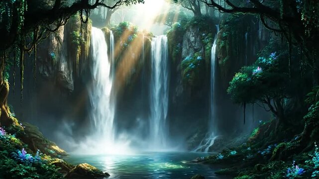 Majestic cascading waterfalls plunging into a serene hidden jungle pool surrounded by lush vibrant rainforest foliage and ethereal light shafts