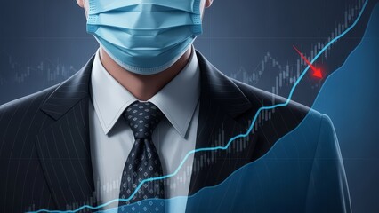 Businessman in a suit and mask stands before a financial chart illustrating economic downturn.