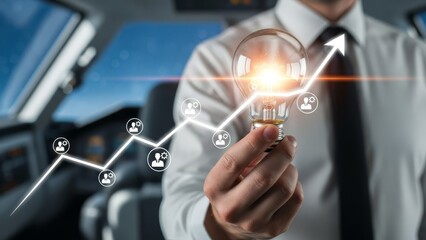 Businessman holds a lit lightbulb with an upward trending graph and user icons overlaying it.