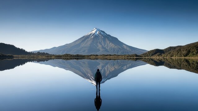 A serene landscape of a person standing by a calm lake with a majestic mountain in the background