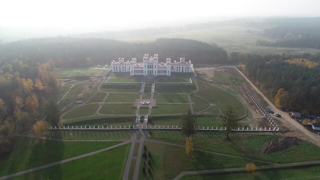 Aerial view of Kossovo Castle in Belarus on a sunny day. Belarusian landmarks