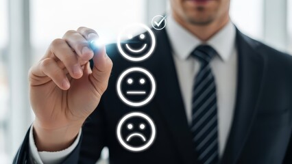 Businessman in a suit selects a smiling face icon from a vertical line of emoticons representing customer satisfaction.