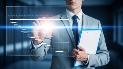 Businessman in a suit uses a stylus to interact with a holographic gantt chart projected in front of him.