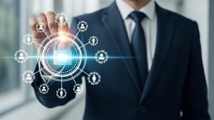 Businessman in a suit touches a glowing digital padlock icon surrounded by interconnected user profiles, signifying security.