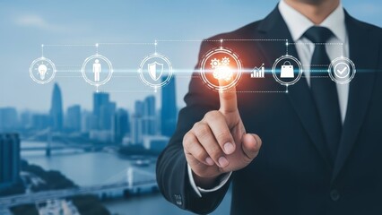Businessman is touching a digital interface with icons representing business processes and analytics in a cityscape.