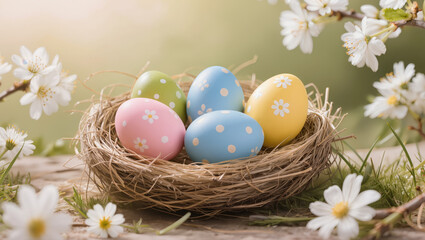 Colorful decorated Easter eggs with polka dots and flowers in straw nest outdoors, surrounded by spring blossoms and green grass
