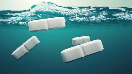 White purification tablets floating and dissolving in clear blue water creating bubbles and ripples