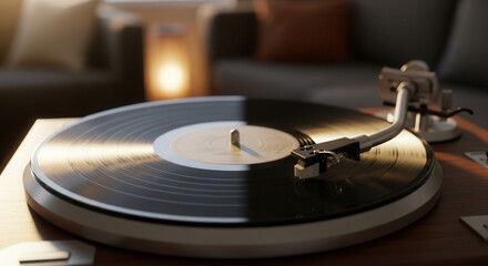 A vinyl record player sits on a table in a cozy living room