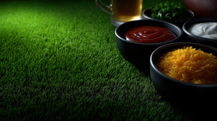 Dishes with sauces and ingredients on green grass under bright light