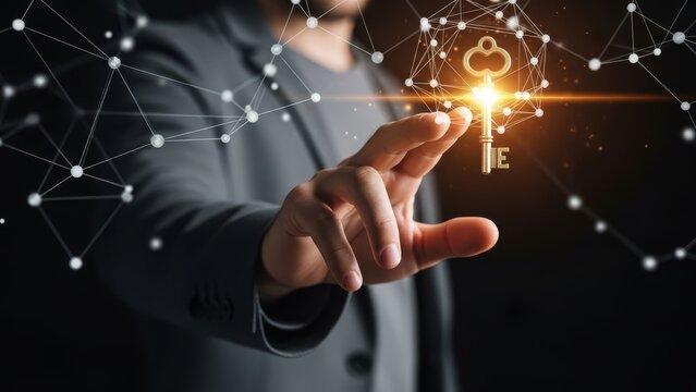 Businessman's hand reaches to touch a glowing golden key within a digital network, symbolizing access and success. - Powered by Adobe