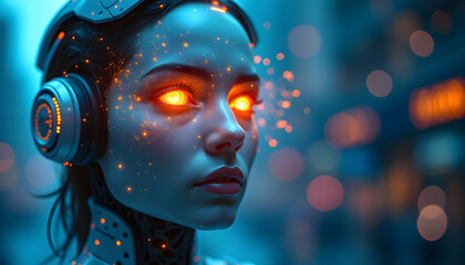 Futuristic Female Robot Portrait with Metallic Headphones and Glowing Orange Eyes