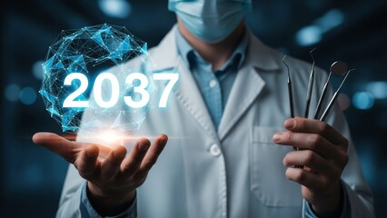 Dentist holds dental instruments and a glowing digital sphere displaying the year 2033 in a futuristic concept.