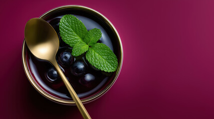 Bowl of blue berries with mint leaves on a purple background