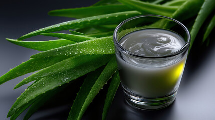 Aloe vera leaves with fresh gel in a glass on a dark surface