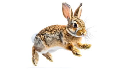 Brown Hare Leaping in Mid-Air on White Background.