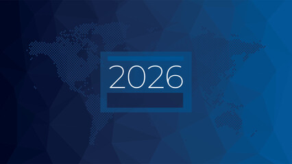 2026 year vector. World map symbol. Blue gradient triangle pattern. Polygonal background for web design, business, finance, page, template, global presentation, cover, report, media